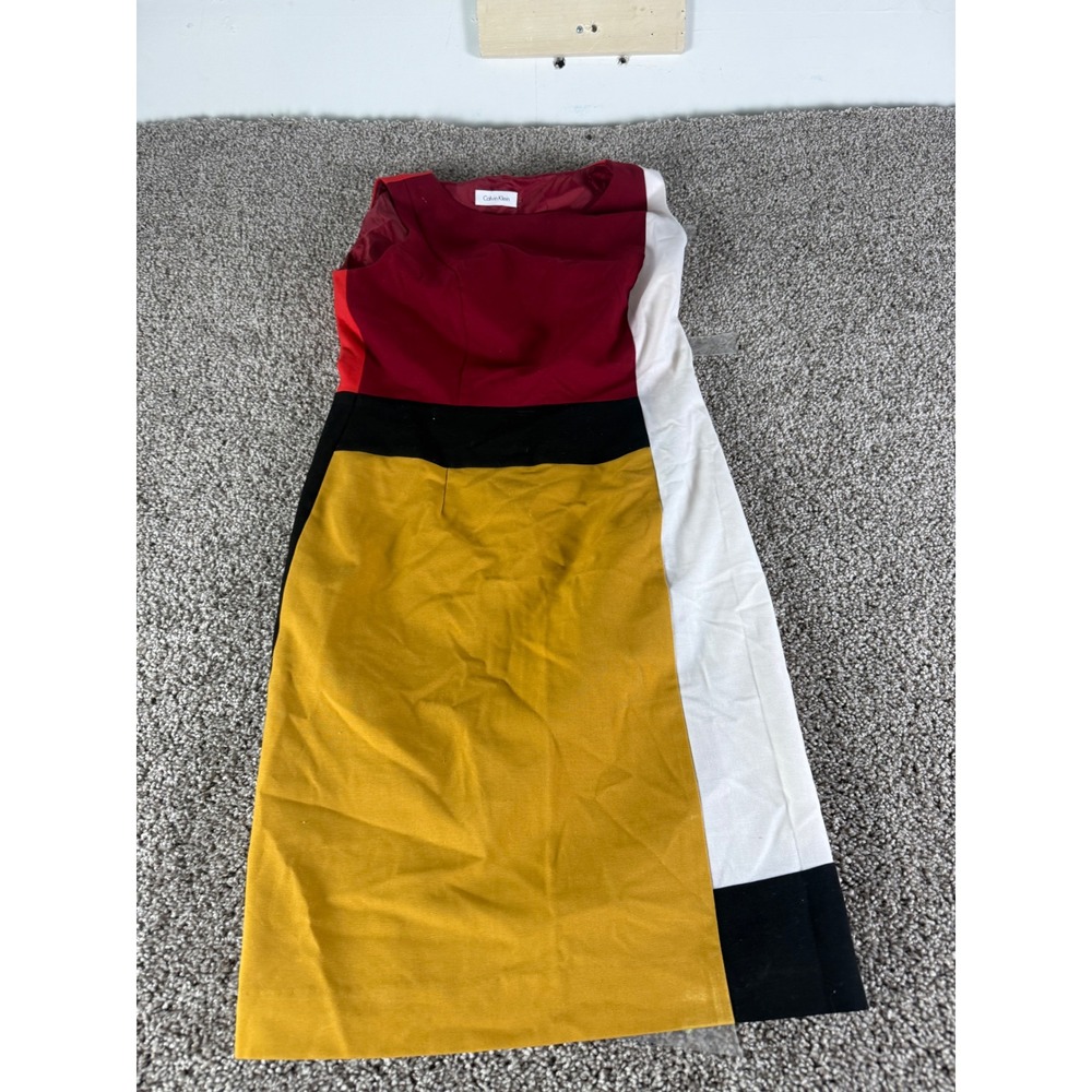 Calvin‎ Klein Womens Colorblock Sheath Dress Mustard Burgundy Black Size 4